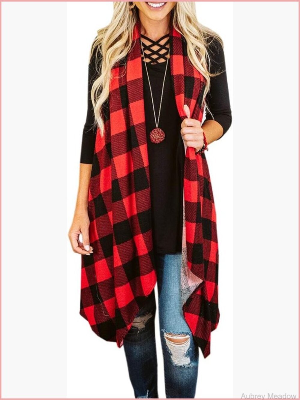 Sleeveless Duster Cardigan Open Front Plaid Lightweight Vest Coat with Pockets